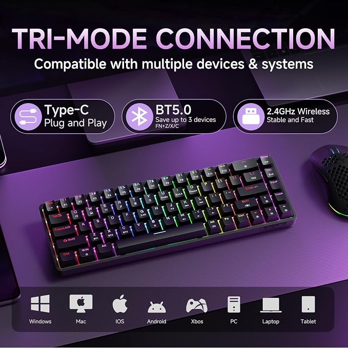 DIERYA DK68 60% Wireless Mechanical Gaming Keyboard, 3-Mode, Bluetooth 5.0/2.4G/USB-C, RGB Backlit, 68-Key Compact Mini for Windows, Mac, Linux - Linear Red Switch - Black