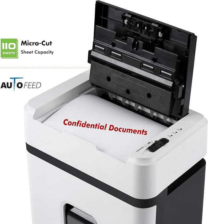 Aurora High Security AU110MB 110-Sheet Auto Feed Micro-Cut Paper and Credit Card Shredder with 4 Gallon Pullout Basket / 30 Minutes/Security Level P-4 (White/Black)