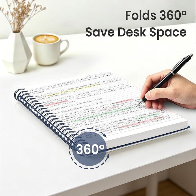 EMSHOI Lined Spiral Journal Notebook, 300 Pages, A4 Size (8.2'' x 11.2'') | College Ruled, 100 GSM Thick Paper, Flexible Plastic Cover, for School, Writing, Work, Office & Journaling (Navy Blue)