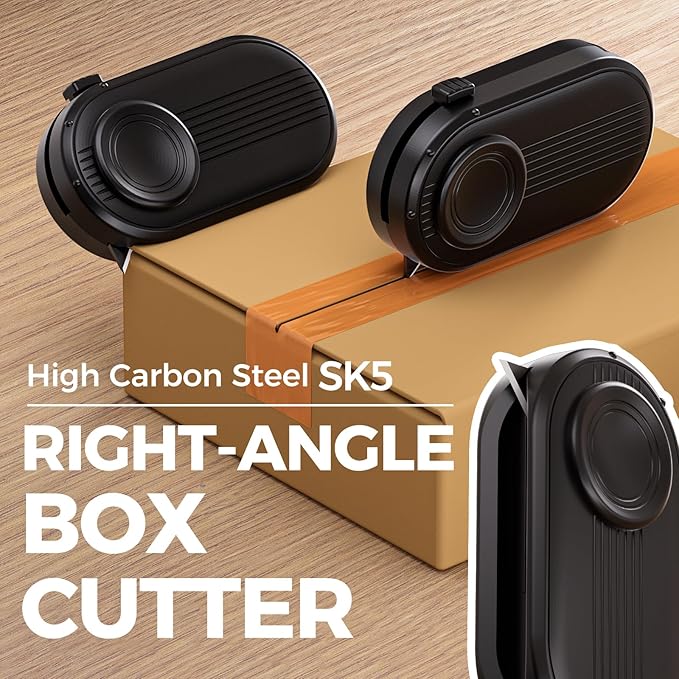 Mini Box Cutter Safety Package Opener with Right-Angle Blade Compact Box Opener Includes High Carbon Steel Spare Blades for Cardboard Boxes Mail Shipping Packages Black