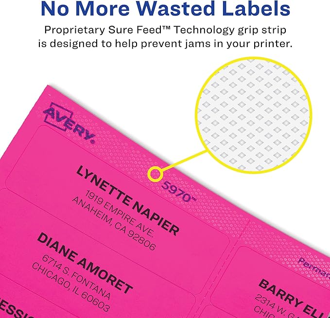 Avery Printable Address Labels with Sure Feed,1" x 2-5/8",Assorted Neon Colors (Magenta,Green and Yellow),Laser & Inkjet Compatible,450 Blank Labels Total (5979),(Pack of 5)