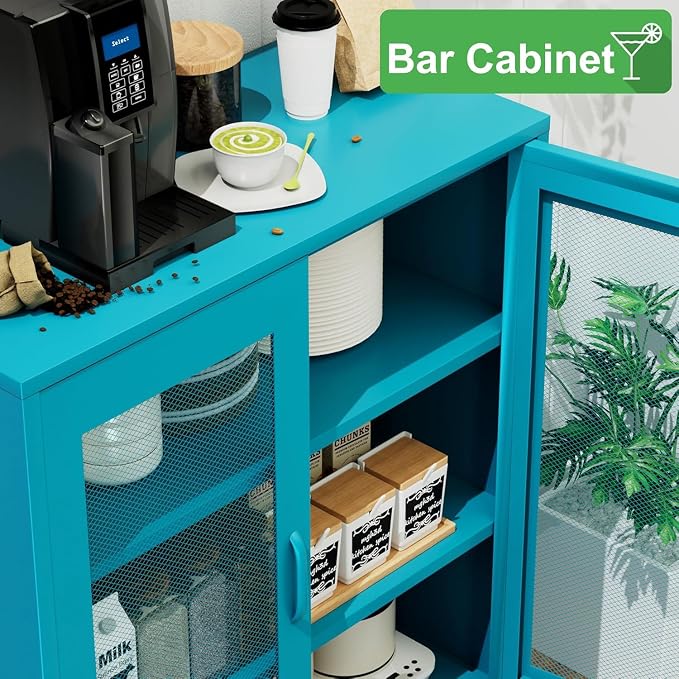 Chshin Metal Locker Storage Cabinet with 2 Mesh Doors and Adjustable Shelves,Blue Metal Locker Cabinets,Coffee Bar Cabinet,Kitchen Pantry Storage Cabinets for Home,Sideboard,Office(40" H)