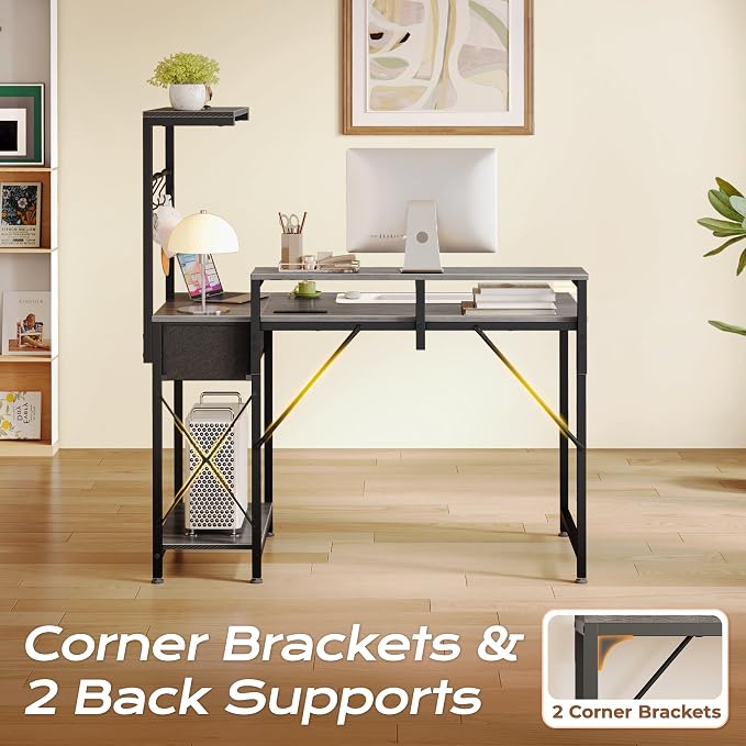 39.4 Inch Gaming Desk with LED Lights & Power Outlets | Small Computer Desk with Drawer & Storage Shelves, Office Writing Desk with Monitor Stand for Work from Home, Grey