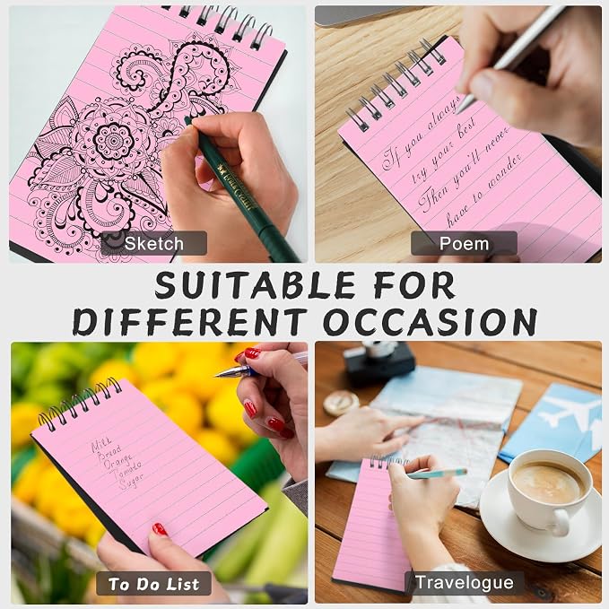 Tenceur 6 Pcs Pocket Notebook Small 3x5 Inch Black Cover Pink Page Top Spiral Notepads Bound Notebook with Lined 120 Pages Mini Memo Pads for Office College Nurse Essentials Back to School Gift