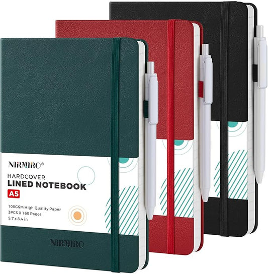Hardcover Journal Notebook, A5 (5.7"x8.4"), 3 Pack 160 Pages Lined Journaling Notebooks with Pen, for Women, Men, Work, Writing, Travel, 100GSM Ruled Paper, School Office Supplies, Black, Red, Green