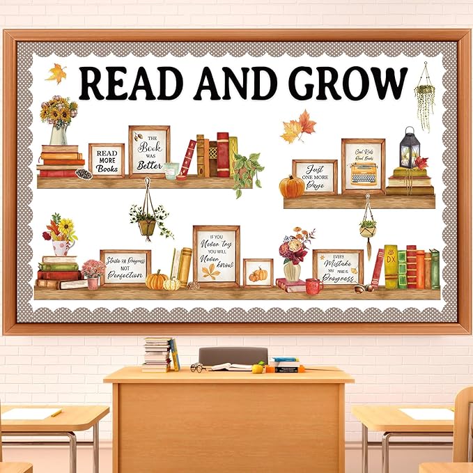 Qilery Bookshelf Bulletin Board Read and Grow Motivational Classroom Decor | Reading Library Bulletin Board Set Inspirational Cutout for Back to School Classroom Decoration