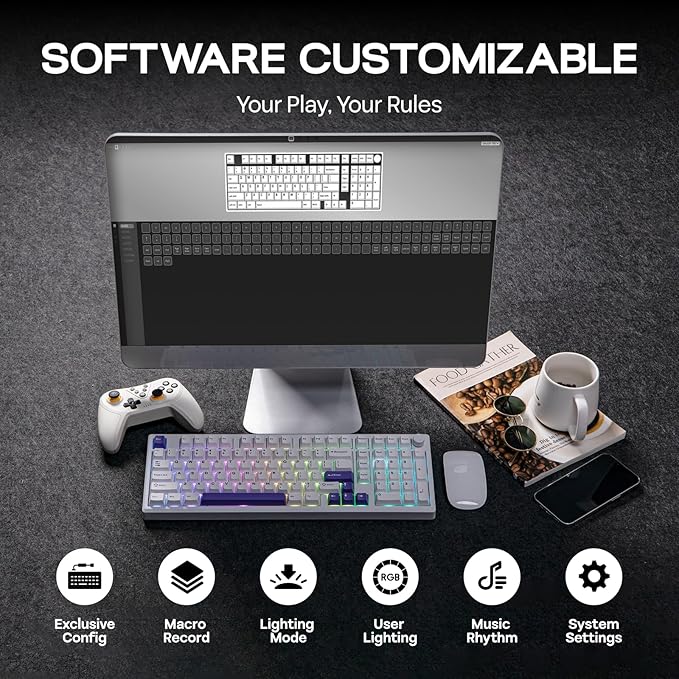 EPOMAKER Galaxy100 QMK/VIA Wireless Gaming Keyboard, Aluminum Shell, BT/2.4Ghz/USB-C, Pre-Lubed Hot-Swappable Linear Switches, NKRO, RGB Backlit (White Purple, Marble White Switch)