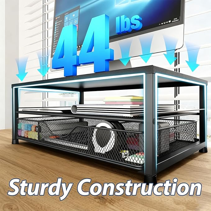 Desk Organizer and Accessories, 2-Tier Computer Monitor Stand Riser with Drawer and 2 Pen Holders, Laptop Stand, Office Desk Accessories for Office Supplies, Black
