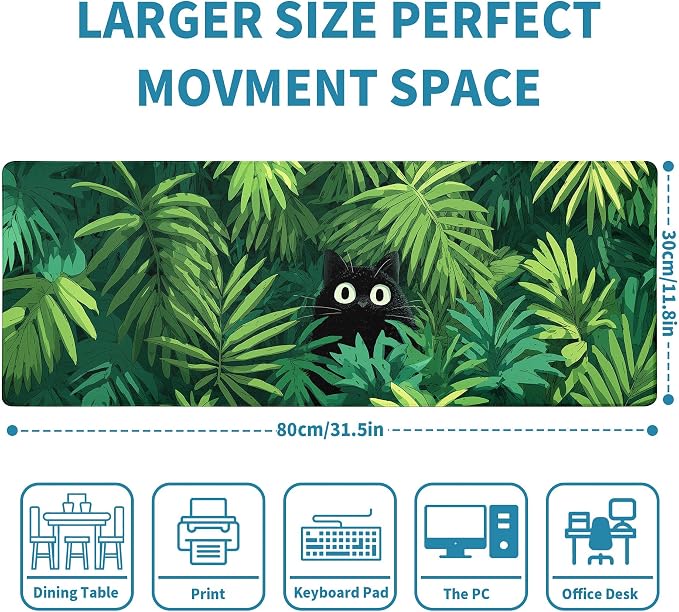 Cute Black Cat Mouse Pad Desk Mat XL Extended Large Gaming Desk Pad Mousepad, Oil Painting Art Floret Computer Laptop Keyboard and Mouse Mat, Desktop Protector Mat for Office and Home 31.5x11.8 in