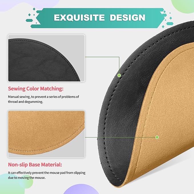 Mouse Pad，Round Mouse Pad，PU Mouse Pad，Leather Mouse Pad with Stitched Edge Micro-Fiber Base with Non-Slip Waterproof，Mouse Pad for Computers，Laptop，9 x 9 Inch (Charcoal Black)