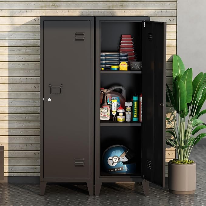 Locker Cabinet, 50" Black Small Metal Locker Storage Cabinet for Employees with Locking Door and 2 Shelves Kids Locker Tool File Cabinets for Bedroom, Home Office, Garage, Bathroom