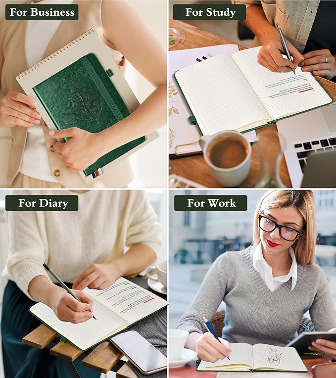 PAIBAS Graph Notebook for Women Men, 160 Pages Grid Paper, Graphing Notebooks for School, Work, Quad Ruled, Inner Pocket, A5 Hardcover Vintage Leather Journals for Writing, 5.8"x8.5" (Green)