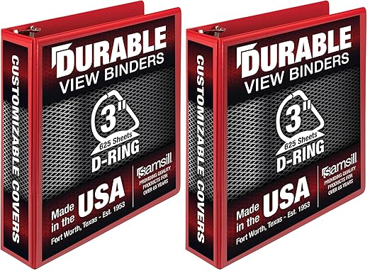 Samsill Durable 3 inch 3 Ring Binder, Made in USA, D Ring Binder, FSC 100% Recycled Chipboard, Red (Pack of 2)