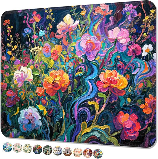 Mouse Pad, Cute Mouse Mat, 10" x 8", Colorful Oil Painting Flower | Square Waterproof Gaming Computer Mat, Textured Top, Stitched Edges, Non-Slip Rubber Base for Office Home Laptop Keyboard