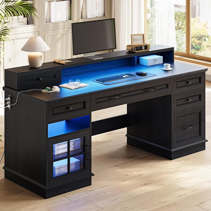 HAUOMS Farmhouse Executive Desk Computer Desk with Drawers，Black | Executive Office Desk with File Drawers, Power Outlet, Led Lights, Storage Cabinet and Monitor Shelf for Home Office