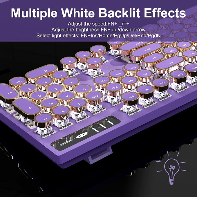 MageGee Typewriter Mechanical Gaming Keyboard, Retro Punk Purple Round Keycaps, 104 Keys LED White Backlit Wired Keyboards for Laptop MAC PC Gamer, with Magnetic Wrist Rest, Blue Switch