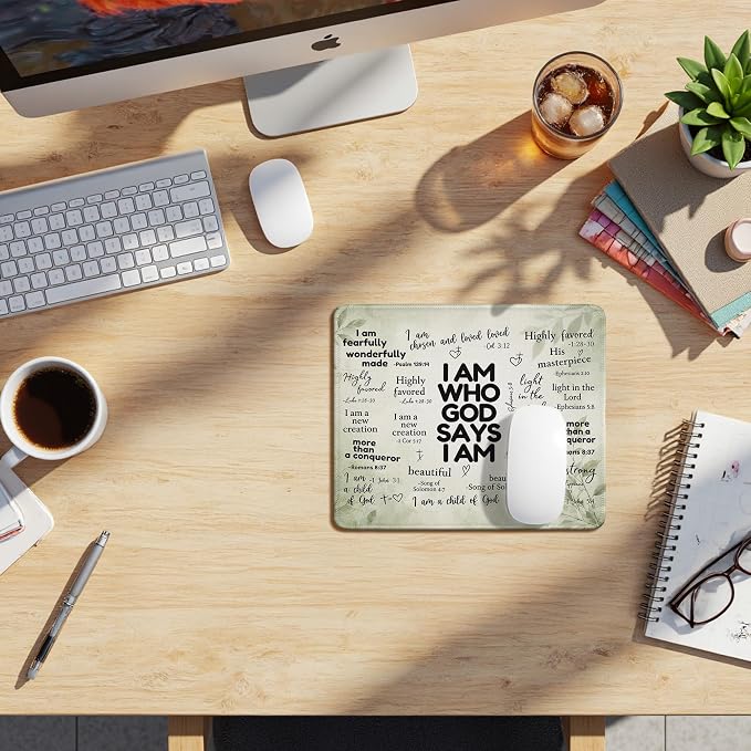 God Says I Am Christian Desk Mouse Pad 9.5x7.9 Inch (Green) | Green floral God Says I Am Bible verse mousepad for office dorm computers, Christian desk decor and faith gifts for women