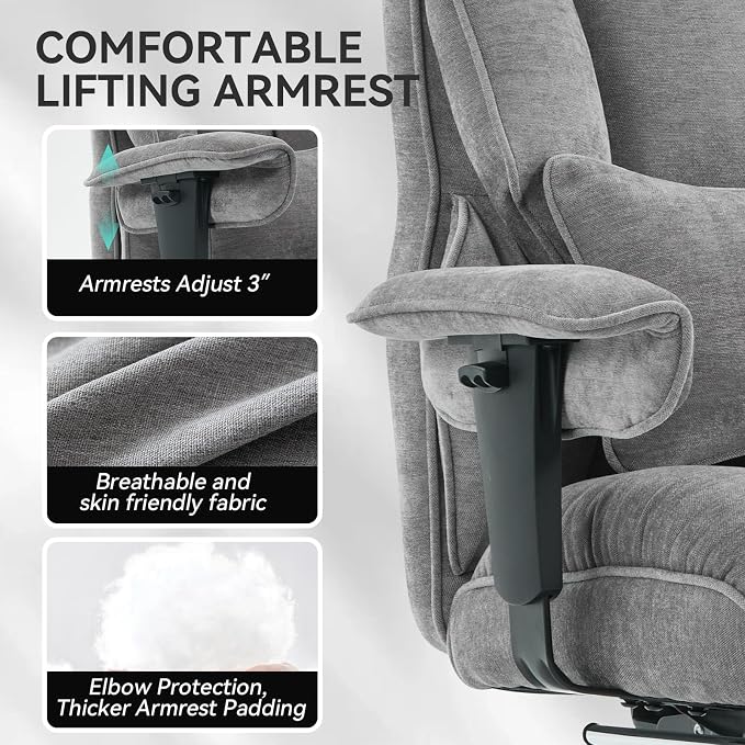 Efomao Big and Tall Fabric Executive Office Chair,Grey | 400lbs support, 135° recline, dual-layer foam cushion, 23.5" seat & footrest