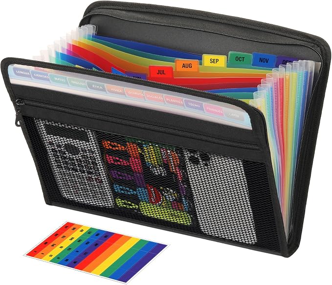 H4D Accordion File Organizer, 13 Pocket Expanding File Folder, Color Pocket | Zippered, Front Mesh Pouch, Letter Size Paper, A4 Paper, Fit for Documents