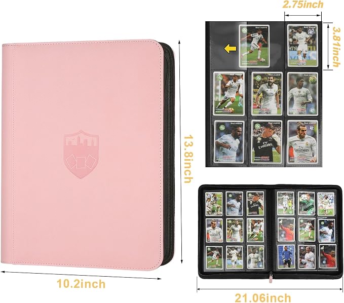 360 Cards Ringless 9-Pocket Side Loading Trading Card Binder, PU Zipper Fixed Page Card Album for TCG Sports Cards, Not Fit Top Loaders (Pink)