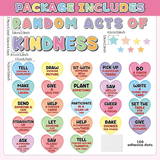 Random Acts of Heart Kindness Bulletin Board Set Colorful Motivational Classroom Decoration Sweet Candy Heart Kind Challenge Cutouts for Back to School Office Home Chalkboard Decor Wall Door