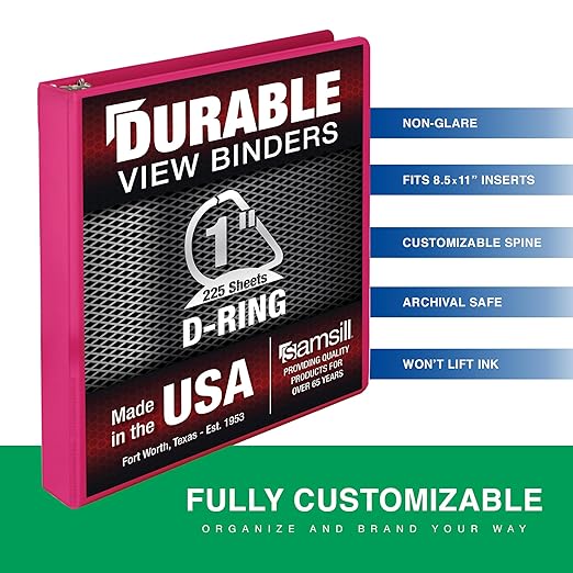Samsill Durable 1 Inch Binder, D Ring Binder, Customizable Clear View Cover, Magenta, Holds 225 Pages