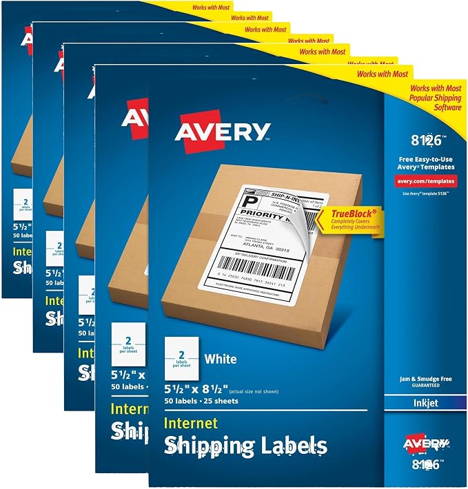 Avery Half-Sheet Printable Shipping Labels, 5.5" x 8.5" Customizable Stickers, White, 50 per Pack, 100 Blank Mailing Labels, Great for Mailing, Shipping, Organizing, and More,8126, 2 Count (Pack of 4)