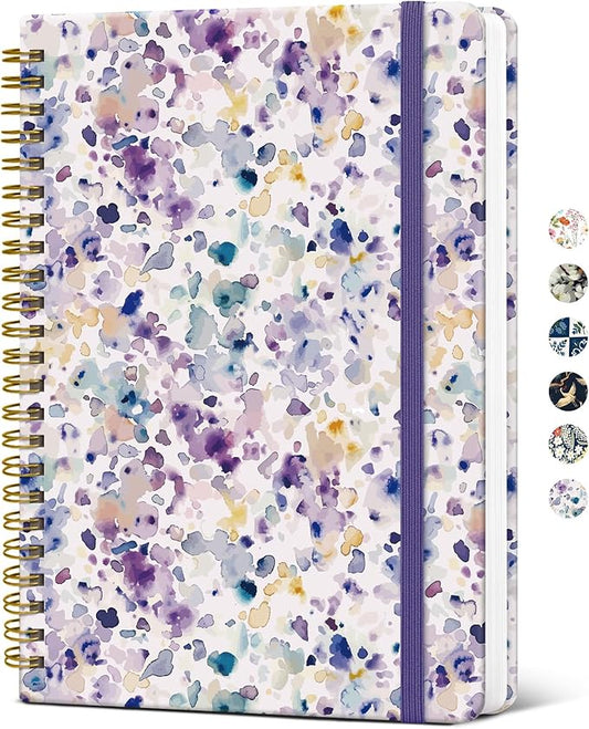 Taja Spiral Journal Notebook for Women, Pretty Hardcover Lined Notebook for Work & Note Taking, Aesthetic Cute Journal for Writing, 140 Pages, 5.8"x8.3", Purple Blocks