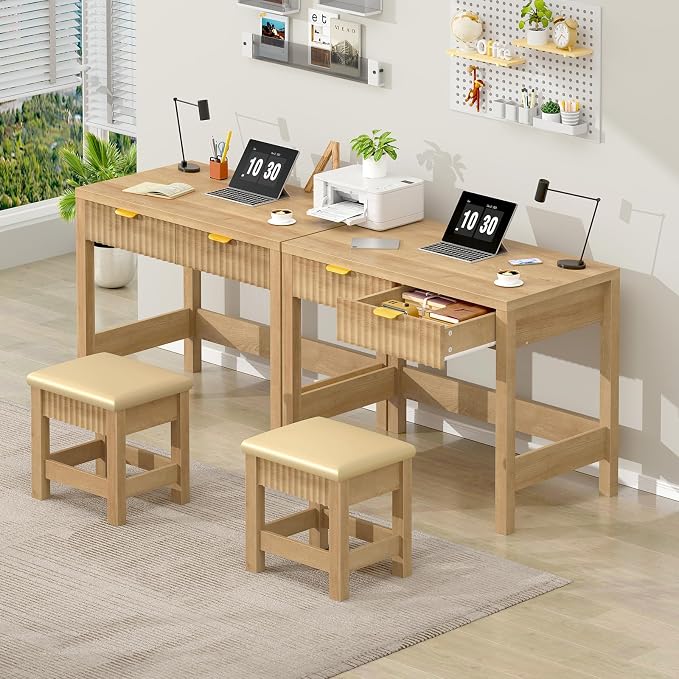 32 Inch Small Fluted Computer Desk with 2 Drawers & Stool for Bedroom | Small Wooden Computer Desk with Storage, Compact Writing Study Vanity Desk with Stool for Small Spaces, Oak
