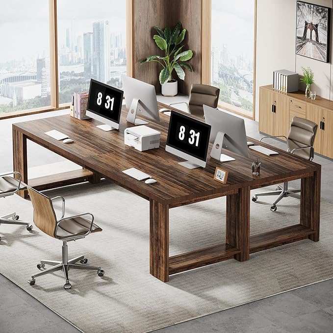 Tribesigns 2 Person Desk Set of 2, 86.6 Inches Extra Long Desk, Two People Computer Writing Table, All Wood Large Desks Workstation for Home Office, Rustic Brown