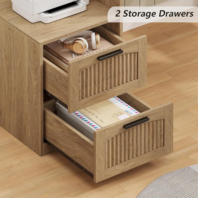 63" Fluted L Shaped Desk with Drawers & Printer Shelf for Home Office | Corner Computer Desk with Storage, Power Outlets, L Shaped Office Desk with Monitor Stand, Printer Shelf, Oak