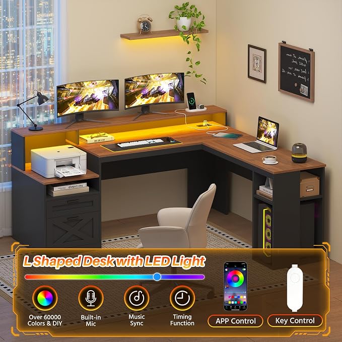 63" Farmhouse L Shaped Desk with Drawers & Shelves for Home Office | Gaming Desk with Power Outlets & LED Lights, Corner Desks with File Drawer, Printer Shelf, Monitor Stand, Brown & Black