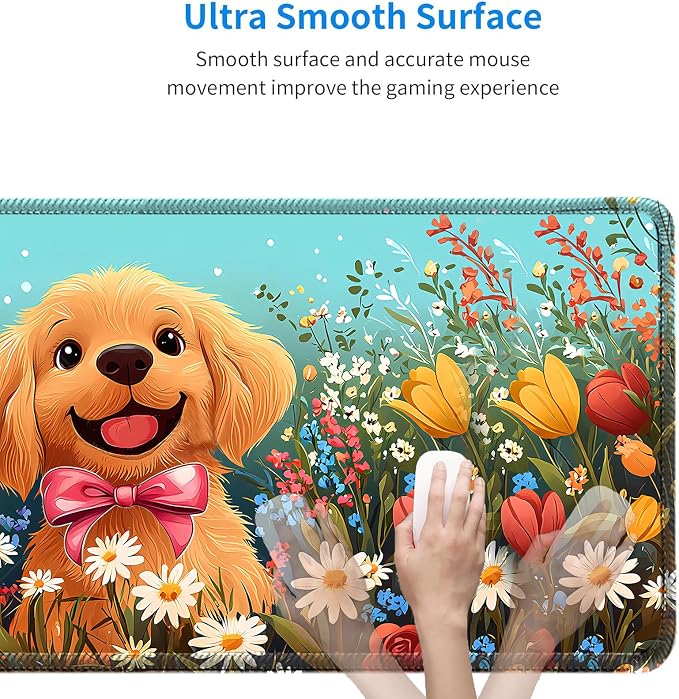 Cute Bow Dog Smiles Floral Mouse Pad, Lager Desk mat 31.5x11.8 Inch | Large Gaming Desk Mat, Flowers with Non-Slip Base, Micro-Woven Fabric, Stitched Edges, For Office Computer