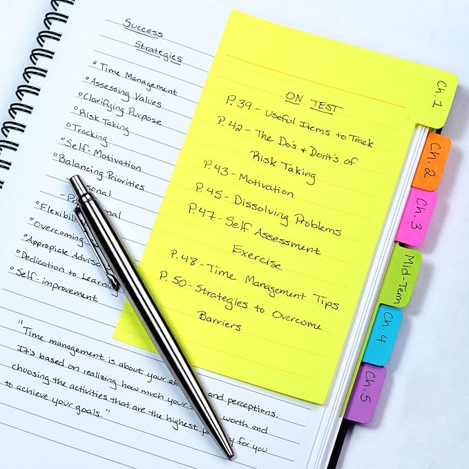 Redi-Tag Divider Sticky Notes, Tabbed Self-Stick Lined Notepads, 480 Ruled Notes, 4" x 6", 8 Books Per Pack, Assorted Colors (B29508)