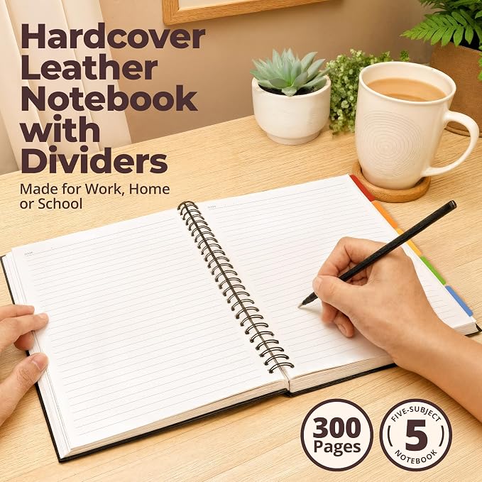 Hardcover Lined Spiral Notebook with Removable Dividers Leather Bound Black | 8x10" 300 Pages College Ruled 5 Subject Notebook for Work - with Tabs, Pockets, and Pen Loop for Note Taking, Large Journal