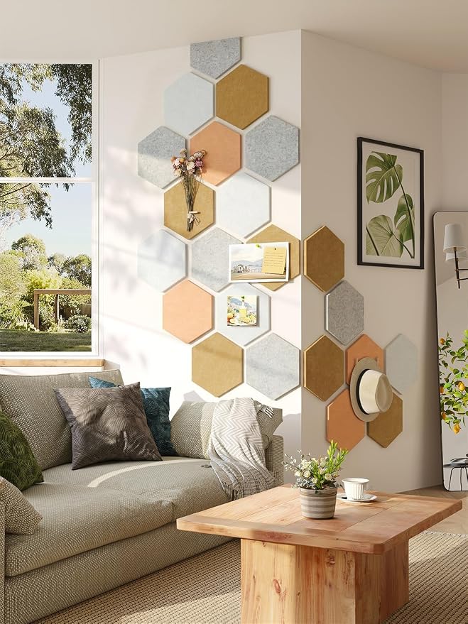 8-Pack Hexagon Felt Bulletin Board Tiles, Cork Board Alternative | For students and teachers creating vision boards in homes, offices, dorms or classrooms; includes 30 push pins.