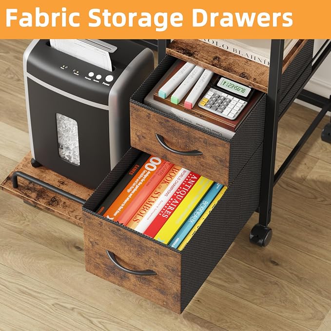 YAOHUOO Printer Stand with Power Outlet/Drawers, Printer and Shredder Stand | 22.8"x15"Top,Printer Desk with Storage Shelf,Rolling Table Cart with Lockable Wheels&Feet,Home Office,Rustic Brown