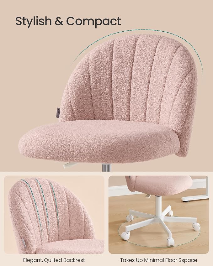 SONGMICS Office Chair, Swivel Makeup Vanity Desk Chair, Height Adjustable, Foam Padded, for Home Office, Bedroom, Dressing Room, Teddy Fleece, Fruit Pink UOBG027SA01