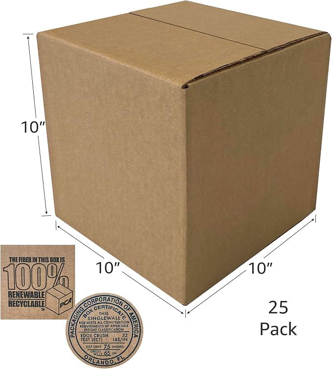 Corrugated Cardboard Boxes, 10 x 10 x 10 inch, 25 pack