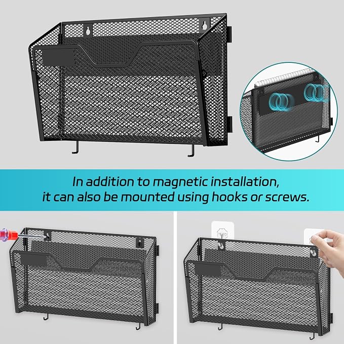 6-Pack Magnetic File Holder with Hooks and Label Panels, Black | Magnetic File Folder Holder for Whiteboards, Lockers and Cabinets with 6 Letter-Size Pockets, Label Panels and 8 Hooks
