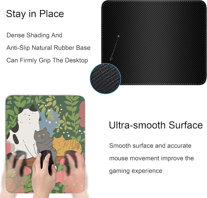 Cute Colorful Cats Square Mouse Pad,Kawaii Cat Mouse Pads for Wireless Mouse Desk Accessories,10"X8"Travel Mousepad with Non-Slip Rubber Base, Stitched Edge Mouse Pads for Desk,Computers,Laptop,Office