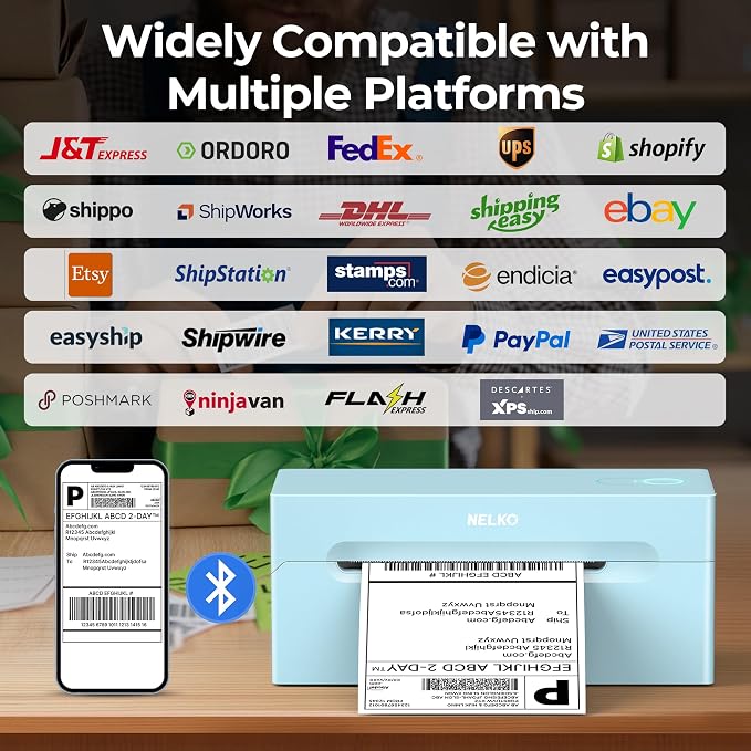 Nelko Bluetooth Thermal Shipping Label Printer, 4x6 Thermal Label Printer | Quick Setup, Fast Speed, Crisp Print Quality, Compatible with iPhone, Android, Windows&Mac, Work with Amazon Shopify Etsy UPS
