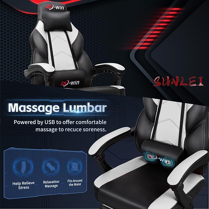 Video Gaming Chair for Adults, Computer Chair with Footrest and Ergonomic High Back, Big and Tall Gamer Chair with Massage Lumbar Support, 360° Swivel Height Adjustable Computer Chair, White
