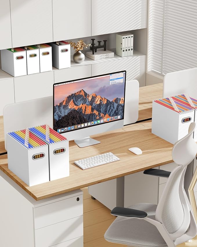 Portable Collapsible Cardboard File Box with Handle for Letter-Size | 2-Pack. Stainless Steel Handle. Label Stickers Included. Fits Letter Folders (Not Included). Home, Office, School, Dorm, Tax.