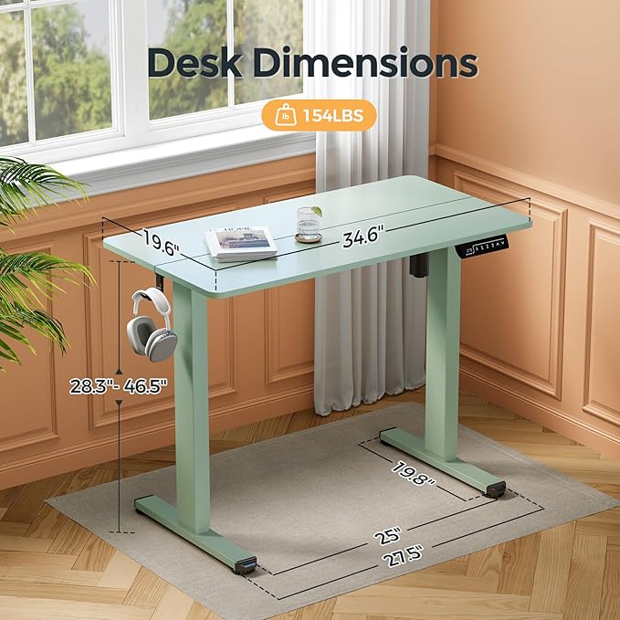 Small Standing Desk, 35" ×20" Electric Standing Table, Height Adjustable Compact Sit Stand Workstation with Splice Board, Home Office Desk with 2 Hooks, Sage Green
