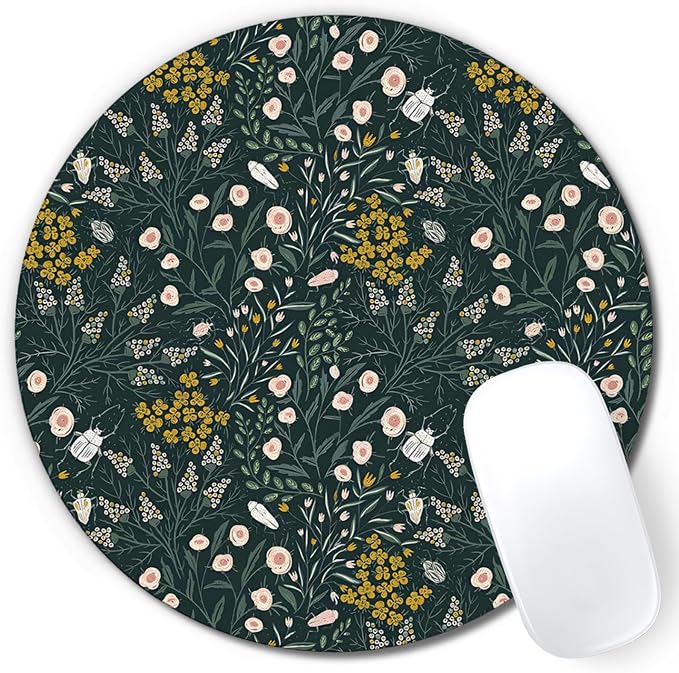 Dark Green Plant Mouse Pad, Cottagecore Vegetation Wildflowers Mousepad Mouse Mat with Non-Slip Rubber Base for Home Office Desk Accessories, Green Office Supplies, 7.9x7.9 Inch