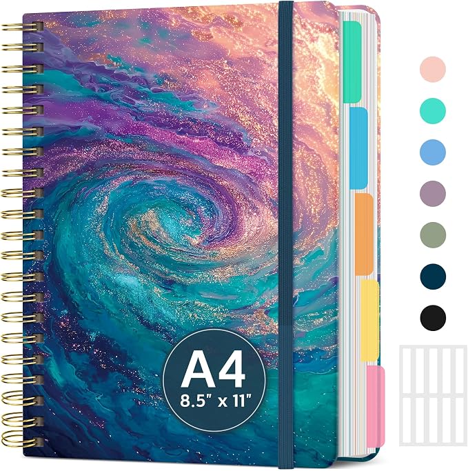 Large Spiral Notebooks for Work 5 Subject with Removable Dividers | 8.5" x 11" Pretty Hardcover Notebook Journal for Women, College Ruled, Perfect for Study & Office , 280 Pages, Galaxy Flow