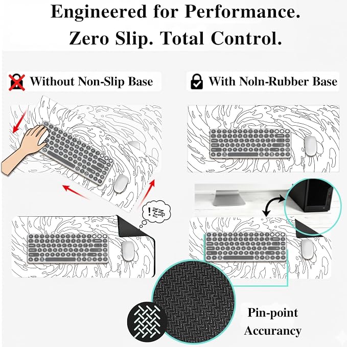Gaming Mouse Pad L (31.5x11.8in) - Abstract White Line Art Waves, Japanese Doodle Style - Desk Mat, Water Resistant Surface