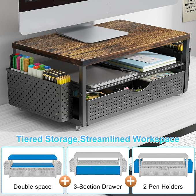 gianotter Desk Organizers and Accessories, Monitor Stand with Drawer and 2 Pen Holder, Desktop Organizer Suitable for Offices and Dormitories (Wood-Plain)