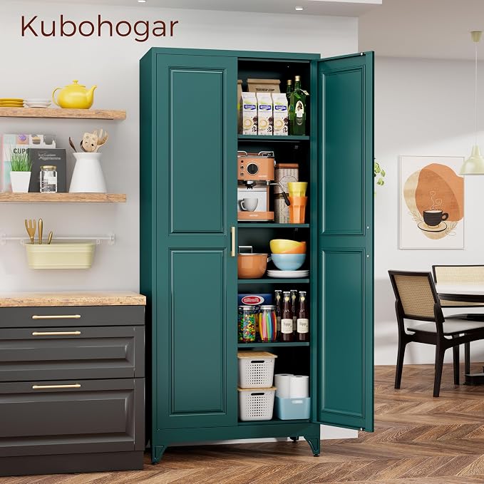 75" Kitchen Pantry Cabinet, Metal Storage Cabinets with 2 Doors | Kitchen Cabinet with 4 Adjustable Shelves, Tall Food Pantry Storage Cabinet, Cupboard for Kitchen, Dining Room, Living Room